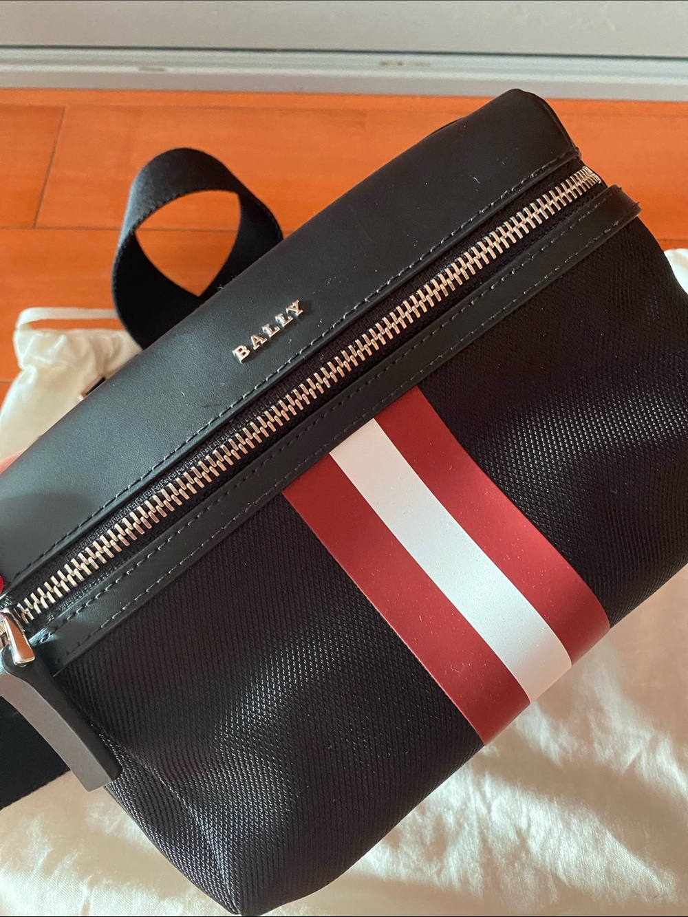 Bally Black Nylon Belt Bag with Red and White Center Stripes